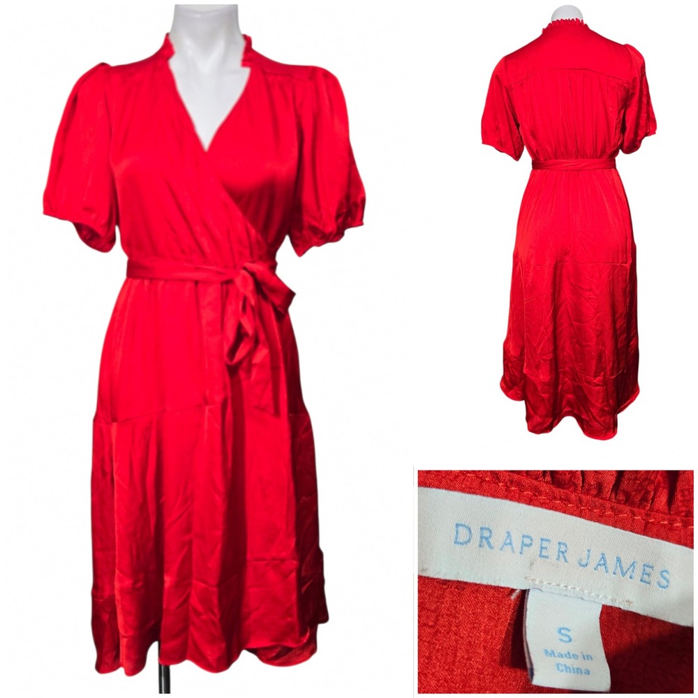 Draper James Red Satin Wrap Midi Dress Short Puff Sleeve Size S office church